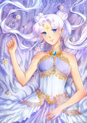 Rule 34 | 1girl, artist name, bare shoulders, bishoujo senshi sailor moon, blue eyes, closed mouth, crescent, crystal, double bun, dress, earrings, facial mark, forehead mark, hair bun, heart hair bun, highres, jewelry, kaminary, light purple hair, lying, parted bangs, ring, sailor cosmos, signature, solo, twintails, white hair