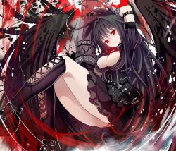 Rule 34 | 1girl, alternate costume, arm cannon, arm up, bird wings, black dress, black hair, black wings, boots, breasts, cleavage, dress, female focus, givuchoko, goth fashion, highres, knee boots, large breasts, long hair, looking at viewer, puffy short sleeves, puffy sleeves, red eyes, reiuji utsuho, short sleeves, smile, solo, touhou, upskirt, very long hair, weapon, wings