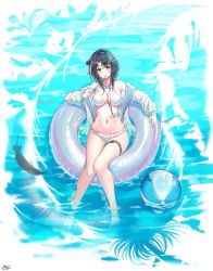 Rule 34 | 1girl, absurdres, afloat, ahoge, arknights, ball, bare shoulders, beachball, bikini, black eyes, black hair, blush, breasts, cleavage, closed mouth, feather hair, feathers, food, frilled bikini, frills, full body, goggles, goggles around neck, hair bun, hair ornament, hairclip, highres, holding, holding food, id card, innertube, jacket, la pluma (arknights), la pluma (summer flowers) (arknights), large breasts, lilac (k32420276), long sleeves, mouth hold, navel, off shoulder, official alternate costume, open clothes, open jacket, popsicle, short hair, single side bun, sitting, smile, soaking feet, solo, stomach, swim ring, swimsuit, thigh gap, thigh strap, unzipped, water, whistle, white bikini, white jacket