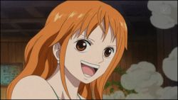 Rule 34 | 1boy, 1girl, animated, animated gif, between breasts, black hair, breast press, breasts, face between breasts, grin, hat, head between breasts, hug, jumping, large breasts, long hair, lowres, midriff, nami (one piece), navel, one piece, open mouth, red hair, sabaody archipelago, smile, sweat, usopp, view between breasts