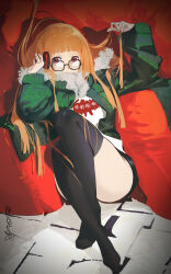Rule 34 | 1girl, absurdres, ahoge, behind-the-head headphones, black shorts, black thighhighs, blunt bangs, crossed ankles, cushion, full body, fur-trimmed jacket, fur trim, glasses, green jacket, headphones, highres, jacket, long hair, looking at viewer, luo29541090, no shoes, orange hair, persona, persona 5, purple eyes, sakura futaba, shirt, short shorts, shorts, signature, sitting, solo, thighhighs, thighs, white shirt
