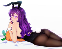 Rule 34 | absurdres, animal ears, ass, bare back, bare shoulders, beifeng han, black leotard, black pantyhose, blush, breasts, carrot-shaped pillow, fake animal ears, fake tail, finger sucking, finger to mouth, glowing, glowing eyes, hair between eyes, hair ornament, hairband, hairclip, highres, large breasts, leotard, long hair, looking at viewer, looking back, lying, miyaura sanshio, on stomach, original, pantyhose, pillow, playboy bunny, purple eyes, rabbit ears, rabbit tail, sideboob, sidelocks, simple background, sleeveless, solo, stuffed toy, tail, white background, wrist cuffs