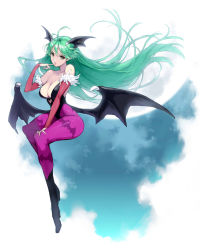 Rule 34 | 1girl, ahoge, animal print, bare shoulders, bat print, bat wings, black footwear, black leotard, boots, breasts, cleavage, clothing cutout, collarbone, commentary, demon girl, detached sleeves, expressionless, feather-trimmed sleeves, finger to mouth, floating hair, green hair, head wings, heart cutout, invisible chair, leotard, lips, long hair, looking at viewer, medium breasts, morisawa haruyuki, morrigan aensland, pantyhose, print pantyhose, purple pantyhose, simple background, sitting, solo, straight hair, vampire, vampire (game), white background, wings, yellow eyes