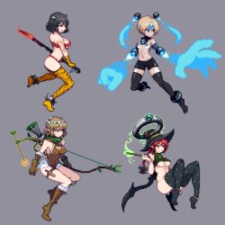 Rule 34 | archery, arrow (projectile), black hair, black legwear, blonde hair, boots, bow (weapon), demon horns, elf, hat, horns, lowres, mechanical arms, original, pixel art, pointy ears, red hair, shirosu, single mechanical arm, spikes, thighhighs, weapon, wizard hat