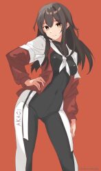 Rule 34 | 1girl, akagi (kancolle), alternate costume, black bikesuit, black bodysuit, black hair, bodysuit, brown eyes, character name, feet out of frame, hand on own hip, highres, jacket, kantai collection, miron (mirona33), multicolored clothes, multicolored jacket, neckerchief, open clothes, open jacket, red background, solo, two-tone jacket, white neckerchief