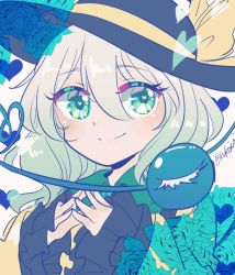 Rule 34 | 1girl, black hat, blouse, blue flower, blue rose, closed mouth, collared shirt, commentary request, eyeball, flower, frilled shirt collar, frilled sleeves, frills, green hair, happy, hat, hat ribbon, heart, heart-shaped pupils, heart of string, komeiji koishi, long sleeves, medium hair, owannu, ribbon, rose, shirt, smile, solo, symbol-shaped pupils, third eye, touhou, upper body, wide sleeves, yellow ribbon, yellow shirt
