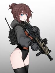 1girl assault_rifle bandage_on_face bandages black_gloves black_leotard black_thighhighs blue_eyes brown_hair bullpup eotech expressionless gloves grey_jacket gun hair_between_eyes hair_bun highleg highleg_leotard highres holding holding_gun holding_weapon hood hood_down hooded_jacket jacket k0ng leotard loner-chan_(k0ng) original radio radio_antenna rifle short_hair sidelocks single_hair_bun solo thighhighs vertical_foregrip weapon