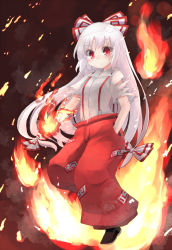 Rule 34 | 1girl, :/, baggy pants, blush, breasts, brown footwear, closed mouth, collared shirt, commentary request, fire, fujiwara no mokou, hand in pocket, highres, kibisake, long hair, ofuda, ofuda on clothes, pants, red eyes, red pants, shirt, small breasts, suspenders, torn clothes, touhou, very long hair, white hair, white shirt