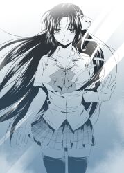 Rule 34 | 1girl, black thighhighs, blue eyes, breasts, cleavage, collarbone, collared shirt, cowboy shot, hair ribbon, half updo, hand on glass, highres, ikuhashi muiko, kurugaya yuiko, large breasts, little busters!, long hair, looking at viewer, monochrome, neck ribbon, open mouth, parted bangs, plaid, plaid skirt, pleated skirt, ribbon, shirt, short sleeves, side ponytail, sidelocks, skirt, solo, thighhighs