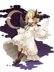 Rule 34 | 1girl, black bow, black ribbon, blonde hair, blush, boots, bow, brown footwear, crescent moon, dress, drill hair, full body, hair bow, hat, long sleeves, looking at viewer, luna child, moon, open mouth, outstretched arms, red eyes, ribbon, smile, solo, touhou, toutenkou, white dress, wide sleeves