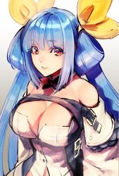 Rule 34 | 1girl, asymmetrical wings, blue hair, breasts, choker, cleavage, detached collar, dizzy (guilty gear), guilty gear, guilty gear xrd, hair rings, highres, kin mokusei, large breasts, long hair, looking at viewer, red eyes, ribbon, simple background, smile, solo, wings, yellow ribbon