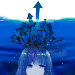 Rule 34 | 1girl, arrow (symbol), bad id, bad pixiv id, blue eyes, blue theme, blunt bangs, expressionless, kukumu, light, looking at viewer, original, simple background, solo, surreal, symbol-shaped pupils, underwater, water, white background