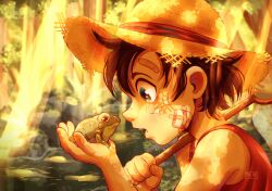 Rule 34 | 1boy, absurdres, aged down, animal, artist name, bandaid, bare shoulders, black hair, commentary, english commentary, fishing net, hat, highres, male focus, maria (yoru chii), monkey d. luffy, one piece, open mouth, outdoors, red shirt, shirt, short hair, solo, straw hat, toad (animal)