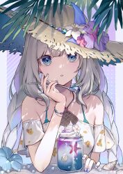 Rule 34 | 1girl, absurdres, blue eyes, blue nails, bracelet, braid, dress, fate/grand order, fate (series), flower, grey hair, hat, hat flower, highres, jewelry, marie antoinette (fate), marie antoinette (fate/grand order), marie antoinette (swimsuit caster) (fate), pendant, seashell, shell, spoon, strapless, strapless dress, straw hat, twin braids, vivi (eve no hakoniwa), whipped cream