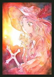 Rule 34 | 1girl, closed mouth, collared shirt, cross, dolls in pseudo paradise, expressionless, fedora, frilled hat, frilled sleeves, frills, hat, hat feather, highres, holding, holding cross, jacket girl (dipp), limited palette, long hair, long sleeves, medinki, neck ribbon, painting (medium), parted bangs, ribbon, shirt, skirt, solo, touhou, traditional media, upper body, vest, wavy hair