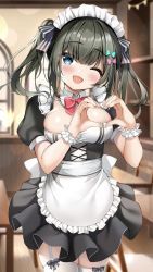 Rule 34 | 1girl, ;d, apron, aqua bow, aqua eyes, black skirt, blush, bow, bowtie, breasts, corset, cowboy shot, frilled apron, frills, garter straps, green hair, hair bow, head tilt, heart, heart hands, highres, indoors, large breasts, lens flare, looking at viewer, mahiro (mahiron1062), maid, maid headdress, one eye closed, open mouth, original, pink bow, puffy short sleeves, puffy sleeves, red bow, red bowtie, short hair, short sleeves, short twintails, skirt, smile, solo, table, thighhighs, twintails, underbust, white apron, white thighhighs, wrist cuffs, zettai ryouiki