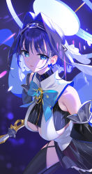 Rule 34 | 1girl, bare shoulders, black skirt, black thighhighs, blue bow, blue bowtie, blue eyes, blue hair, blue theme, bow, bow earrings, bowtie, chain, detached sleeves, earrings, hair intakes, highres, holding, hololive, hololive english, jewelry, looking at viewer, ouro kronii, ouro kronii (1st costume), parted lips, skindentation, skirt, smile, solo, thighhighs, virtual youtuber, yd (orange maru)