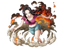 Rule 34 | 1girl, aged down, barefoot, black eyes, black hair, blue shorts, boa hancock, bodskih, breasts, cleavage, collarbone, fire, floating hair, groin, long hair, medium breasts, midriff, navel, one eye closed, one piece, one piece treasure cruise, open mouth, purple shirt, running, shirt, shorts, solo, stomach, torn clothes, torn shirt, torn shorts, transparent background