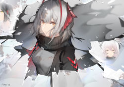 Rule 34 | 3girls, absurdres, aniao ya, arknights, black jacket, broken glass, closed mouth, commentary request, closed eyes, glass, glass shards, grey hair, grey shirt, hair between eyes, highres, horns, ines (arknights), jacket, looking at viewer, multicolored hair, multiple girls, open clothes, open jacket, red hair, reflection, shirt, short hair, spoilers, streaked hair, theresa (arknights), turtleneck, upper body, w (arknights), yellow eyes