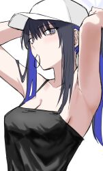 Rule 34 | 1girl, aegyo sal, armpits, arms up, baseball cap, black camisole, black eyes, blue archive, blue hair, blush, breasts, camisole, cleavage, collarbone, egomeshi, hair tie, hair tie in mouth, halo, hat, looking at viewer, mouth hold, multicolored hair, ponytail, purple hair, saori (blue archive), sidelocks, solo, tying hair, white hat