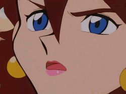 Rule 34 | 1990s (style), 1girl, animated, animated gif, ass, blue eyes, bodysuit, breasts, brown hair, earrings, g gundam, gundam, jewelry, large breasts, mobile trace suit, rain mikamura, retro artstyle, solo, spandex, tight clothes