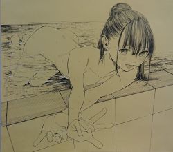 Rule 34 | 1girl, bath, bathing, black hair, blush, commentary request, completely nude, full body, gagaimo, hair behind ear, hair bun, highres, kneeling, long hair, looking at viewer, monochrome, nude, open mouth, original, partially submerged, reaching, reaching towards viewer, single hair bun, solo, sweat, sweatdrop, tagme, tiles, traditional media