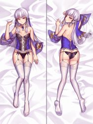 Rule 34 | 1girl, absurdres, aged up, amiba (nerdamiba), ass, breasts, butt crack, cleavage, corset, dakimakura (medium), detached sleeves, fire emblem, fire emblem: three houses, garter straps, hair ornament, highres, lace, lace-trimmed panties, lace trim, lingerie, long hair, looking at viewer, lying, lysithea von ordelia, nintendo, on back, on stomach, panties, silver hair, small breasts, solo, thighhighs, underwear, white thighhighs