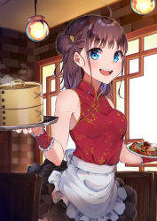 Rule 34 | 1girl, :d, absurdres, ahoge, bamboo steamer, blue eyes, breasts, brown hair, ceiling, chair, china dress, chinese clothes, dress, food request, hair bun, hair ornament, highres, holding, holding plate, indoors, kodama (koda mat), light, looking at viewer, medium hair, open mouth, original, plate, revision, sidelocks, single hair bun, small breasts, smile, standing, waitress, window
