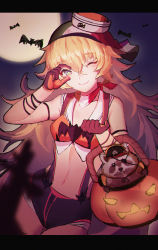 Rule 34 | 1girl, ;), basket, bat (animal), blonde hair, blush, breasts, closed mouth, collarbone, contrapposto, cowboy shot, fang, full moon, girls&#039; frontline, green eyes, hair between eyes, halloween, hands up, highres, letterboxed, long hair, looking at viewer, moon, one eye closed, s.a.t.8 (girls&#039; frontline), shorts, small breasts, smile, solo, standing, suspender shorts, suspenders, wtcolor