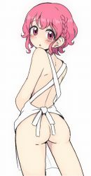 Rule 34 | 1boy, apron, ass, blush, commentary, from behind, reona west, looking at viewer, looking back, male focus, motsuaki, naked apron, open mouth, parted lips, pink eyes, pink hair, pretty series, pripara, short hair, simple background, solo, trap, white background