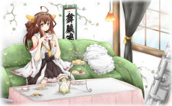 Rule 34 | 10s, 1girl, ahoge, bare shoulders, brown hair, cake, checkerboard cookie, cookie, couch, cup, curtains, detached sleeves, food, green upholstery, grey eyes, hair ornament, highres, japanese clothes, kantai collection, karamoneeze, kongou (kancolle), long hair, long sleeves, md5 mismatch, patterned upholstery, personification, pillow, plate, sash, shirt, sign, sitting, skirt, smile, solo, teacher, teacup, teapot, tiered serving stand, tiered tray, wide sleeves, window