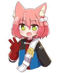Rule 34 | 1girl, 7th dragon, 7th dragon (series), :d, animal ear fluff, animal ears, belt, belt buckle, blue jacket, blush, buckle, cat ears, commentary request, cropped torso, fang, fighter (7th dragon), gloves, green eyes, hair between eyes, hair bobbles, hair ornament, hand up, harukara (7th dragon), highres, jacket, long sleeves, looking at viewer, naga u, one side up, open mouth, pink hair, red gloves, simple background, smile, solo, upper body, w, white background, white belt