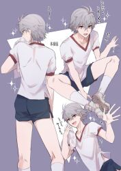 Rule 34 | 1boy, blue shorts, grey hair, highres, looking at viewer, male focus, multicolored background, nagisa kaworu, neon genesis evangelion, open mouth, purple background, red eyes, shirt, short hair, short sleeves, shorts, solo, sparkle, spiked hair, translation request, triangle, white background, white shirt, yuki fumuke