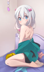Rule 34 | 10s, 1girl, barefoot, bed, blush, bow, bra, closed mouth, clothes down, eromanga sensei, feet, female focus, full body, hair between eyes, hair bow, highres, izumi sagiri, long hair, looking at viewer, masuso kun, on bed, pink bow, silver hair, soles, solo, toes, underwear