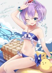 Rule 34 | 1girl, ;d, arm up, azur lane, bad id, bad pixiv id, bare shoulders, basket, bikini, blue bikini, blue bow, blue flower, bow, collarbone, commentary request, feet out of frame, flower, frilled bikini, frills, green eyes, hair between eyes, hair flower, hair ornament, halterneck, high ponytail, highres, javelin (azur lane), javelin (beach picnic!) (azur lane), manjirou (manji illust), manjuu (azur lane), navel, one eye closed, open mouth, ponytail, purple hair, red flower, smile, solo, splashing, swimsuit, water