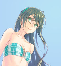 Rule 34 | 10s, 1girl, :&gt;, aqua bikini, aqua eyes, aqua hairband, bandeau, bare shoulders, bikini, black hair, blue background, breasts, cleavage, closed mouth, collarbone, colored eyelashes, eyebrows, from below, front-tie bikini top, front-tie top, glasses, hair between eyes, hairband, highres, kantai collection, long hair, looking at viewer, looking down, ooyodo (kancolle), plaid, plaid bikini, semi-rimless eyewear, simple background, small breasts, smile, solo, strapless, strapless bikini, swimsuit, under-rim eyewear, upper body, yuuji (and)