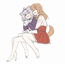 Rule 34 | 2girls, ahoge, animal ear fluff, animal ears, bare legs, barefoot, blouse, blush, bone hair ornament, bow, bowtie, brown hair, cat ears, cat tail, closed eyes, commentary, crop top, dog ears, dog tail, from side, full body, hair ornament, hairband, happy tears, hololive, hug, hug from behind, inugami korone, inugami korone (street), invisible chair, kamochomedesu, light purple hair, long sleeves, looking at viewer, medium hair, midriff, miniskirt, multiple girls, navel, nekomata okayu, nekomata okayu (casual), one eye closed, open mouth, own hands together, purple eyes, purple shirt, red skirt, sailor collar, shirt, short hair, simple background, sitting, skirt, smile, tail, tears, virtual youtuber, white background, white shirt, yellow neckwear