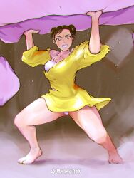 Rule 34 | 1girl, angry, artist name, barefoot, capcom, chinese text, chun-li, couch, double bun, hair bun, highres, muscular, muscular female, nightgown, pillow, quasimodox, signature, solo, street fighter, torn clothes, undershirt, white undershirt