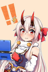 Rule 34 | !, !!, 1girl, ^^^, armor, blush, breasts, commentary request, fate/grand order, fate (series), fingerless gloves, gloves, hair between eyes, handheld game console, headband, highres, horns, japanese armor, japanese clothes, long hair, looking at viewer, nintendo, nintendo 3ds, oni horns, red eyes, silver hair, solo, the dark, tomoe gozen (fate)