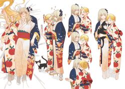 Rule 34 | 2girls, alternate costume, alternate hairstyle, animal, arm pillow, bed sheet, blonde hair, braided hair rings, cat, ciiiiiiiiien, closed eyes, couple, dango, dungeon meshi, eating, elf, falin touden, feeding, floral print, flower, food, food on face, fruit print, geta, gradient kimono, green eyes, grey hair, hair bun, hair down, hair flower, hair ornament, hair rings, hair stick, haori, holding, holding animal, holding hands, holding skewer, japanese clothes, kanzashi, kimono, kiss, leaning forward, long hair, long sleeves, lying, marcille donato, medium hair, multiple girls, multiple views, no shoes, obi, on back, on bed, open mouth, orange kimono, outstretched arm, petting, pointy ears, print kimono, sash, short hair, side-by-side, simple background, single hair bun, skewer, smile, sparkle, tabi, updo, wagashi, white background, white footwear, white kimono, yukata, yuri