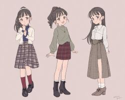 Rule 34 | 1girl, black eyes, black footwear, black hair, blue sweater, blush, boots, bow, brown background, brown footwear, brown skirt, buttons, casual, checkered clothes, checkered skirt, clenched hands, expressionless, flat chest, fukuyama mai, full body, green sweater, h vstpy, hair bow, hair ornament, hair scrunchie, half-skirt, hands up, high heel boots, high heels, highres, idolmaster, idolmaster cinderella girls, jacket, jewelry, long hair, long skirt, long sleeves, looking at viewer, multiple views, necklace, open clothes, open jacket, open mouth, pinstripe pattern, pinstripe shirt, ponytail, red skirt, red socks, scrunchie, shirt, shoes, sidelocks, skirt, smile, socks, standing, striped, sweater, white jacket, white shirt, white socks