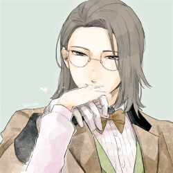 Rule 34 | 1boy, bow, bowtie, brown bow, brown bowtie, brown eyes, brown hair, brown jacket, comb over, flying sweatdrops, glasses, gloves, green background, green vest, hakuouki shinsengumi kitan, heart, holding hands, jacket, kiss, kissing hand, looking at viewer, male focus, medium hair, out of frame, sannan keisuke (hakuouki), shirt, simple background, smile, solo focus, suit jacket, upper body, vest, white gloves, white shirt, you (0 5rudo)