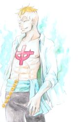 Rule 34 | 1boy, abs, blonde hair, blue fire, fire, male focus, marco (one piece), one piece, open clothes, open shirt, sash, shirt, solo, tattoo
