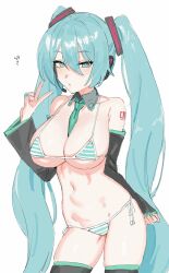 Rule 34 | 1girl, absurdres, aqua eyes, aqua hair, bare shoulders, between breasts, bikini, black thighhighs, breasts, bright pupils, cowboy shot, detached collar, detached sleeves, hair between eyes, hand up, hatsune miku, highres, large breasts, long hair, long sleeves, looking at viewer, necktie, necktie between breasts, parted lips, side-tie bikini bottom, simple background, solo, striped bikini, striped clothes, suisogenshi, swimsuit, thighhighs, twintails, v, very long hair, vocaloid, white background, white pupils