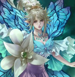 Rule 34 | 1girl, aqua eyes, blue wings, braid, butterfly wings, dress, fairy, final fantasy, final fantasy xiv, flower, flower braid, highres, hyur, insect wings, jewelry, looking at viewer, mandaring0, necklace, platinum blonde hair, pointy ears, solo, tiara, titania (final fantasy), upper body, wings