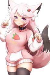 Rule 34 | 1girl, absurdres, animal ear fluff, animal ears, belt collar, black thighhighs, closed mouth, collar, commentary, commission, cowboy shot, english commentary, flying sweatdrops, food print, fox ears, fox tail, hands up, heart collar, highres, klaius, long hair, long sleeves, looking at viewer, original, paw pose, pink eyes, pink hair, pink sweater, simple background, smile, solo, standing, strawberry print, sweater, swept bangs, tail, thighhighs, uwu, white background