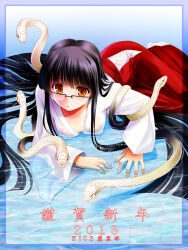 Rule 34 | 1girl, 2013, black-framed eyewear, black hair, blunt bangs, breasts, brown eyes, chinese zodiac, commentary request, glasses, hakama, happy new year, hime cut, japanese clothes, kimono, kiryuu takahisa, long hair, long sleeves, looking at viewer, lying, medium breasts, nengajou, new year, on stomach, original, over-rim eyewear, parted lips, partial commentary, partially submerged, red hakama, see-through, semi-rimless eyewear, shirt, snake, snake hair, solo, straight hair, translated, water, white kimono, white shirt, wide sleeves, year of the snake