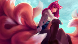 Rule 34 | 1girl, absurdres, academy ahri, ahri (league of legends), akuma akatsukii, animal ears, black thighhighs, blue sky, breasts, cloud, day, facial mark, foreshortening, fox ears, fox tail, from side, full body, hair ornament, hairclip, heart, heart hair ornament, highres, huge filesize, league of legends, long hair, long sleeves, looking at viewer, looking to the side, miniskirt, multiple tails, outdoors, pleated skirt, red hair, school uniform, sitting, skirt, sky, slit pupils, solo, tail, thighhighs, whisker markings, yellow eyes