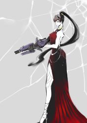 Rule 34 | 1girl, absurdres, back, backless dress, backless outfit, bare shoulders, breasts, collarbone, dress, gun, hair ornament, hair tie, head-mounted display, headgear, high heels, highres, holding, holding gun, holding weapon, long hair, looking at viewer, medium breasts, overwatch, overwatch 1, ponytail, purple hair, red dress, rifle, side slit, sniper rifle, solo, very long hair, visor, weapon, widowmaker (overwatch), xuan ze, yellow eyes