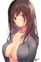 Rule 34 | 1girl, :&lt;, blush, breasts, brown hair, cardigan, cleavage, collarbone, commentary request, large breasts, long hair, looking at viewer, mataro (matarou), no bra, open cardigan, open clothes, original, red eyes, signature, simple background, solo, white background
